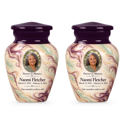 Aubergine Wisp set of two keepsake urns with fictional sample photo and text.
