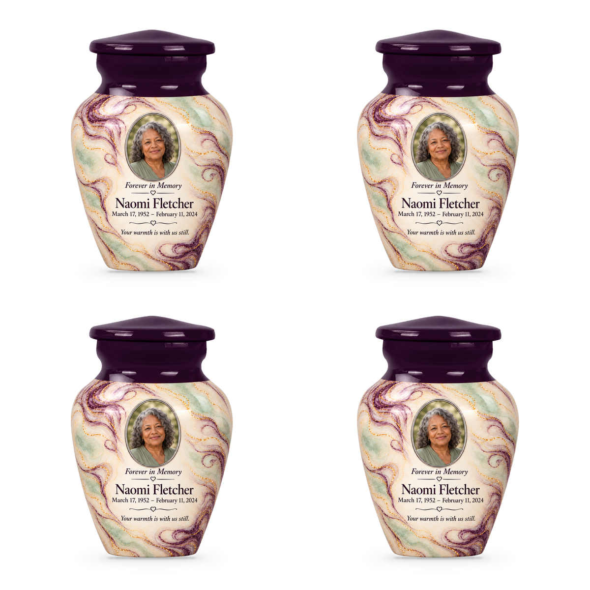 Aubergine Wisp set of four keepsake urns with fictional sample photo and text.