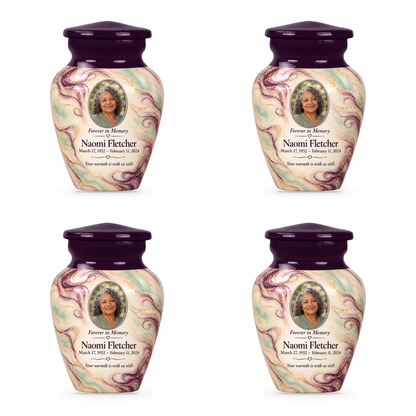 Aubergine Wisp set of four keepsake urns with fictional sample photo and text.
