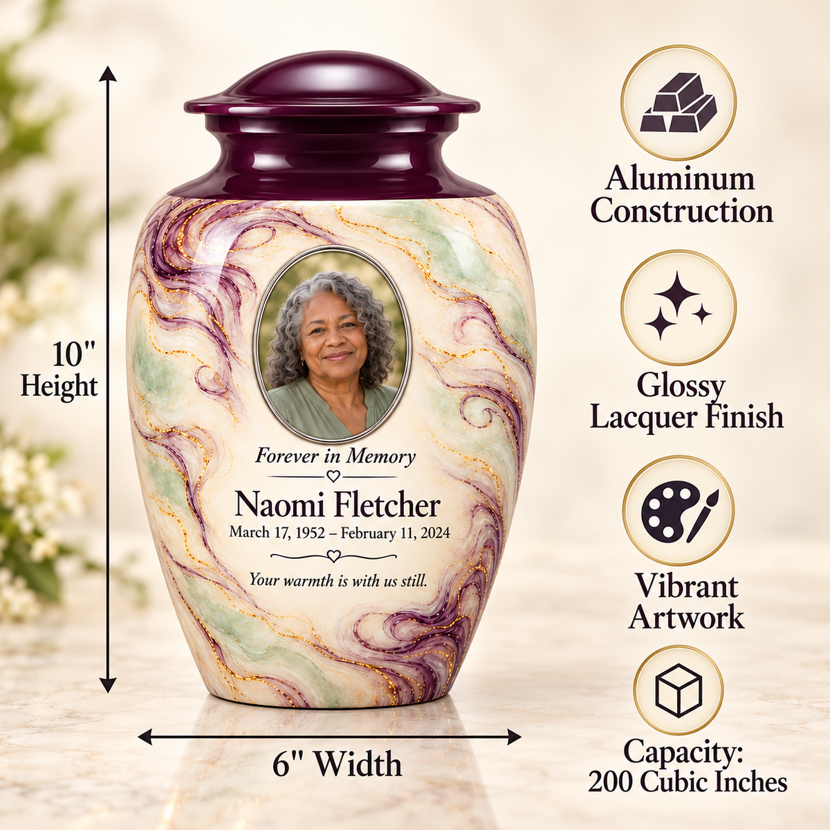 Aubergine Wisp adult urn size guide: 10 inches high, 6 inches wide, 200 cubic inches with fictional sample photo and text.