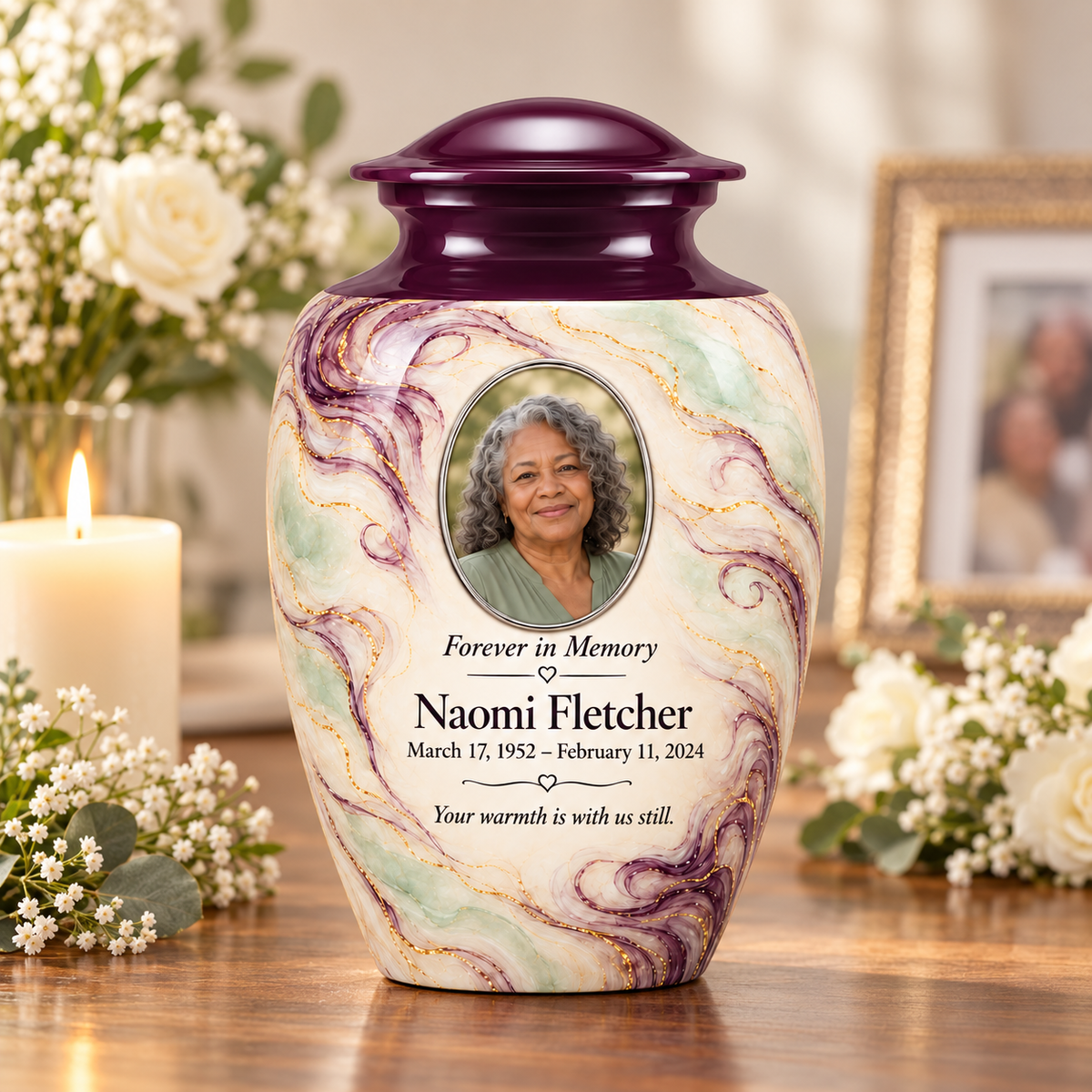 Aubergine Wisp adult urn on a memorial console with fictional sample photo and text.