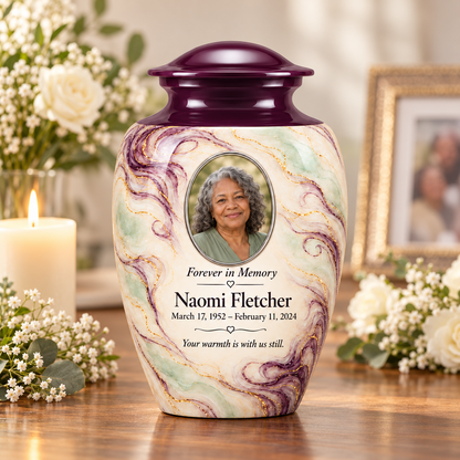 Aubergine Wisp adult urn on a memorial console with fictional sample photo and text.