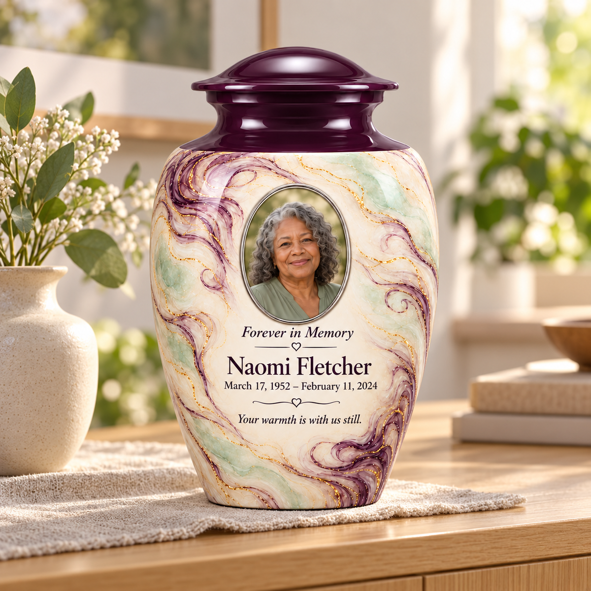 Aubergine Wisp adult urn in a sunlit home with fictional sample photo and text.