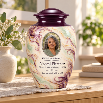 Aubergine Wisp adult urn in a sunlit home with fictional sample photo and text.