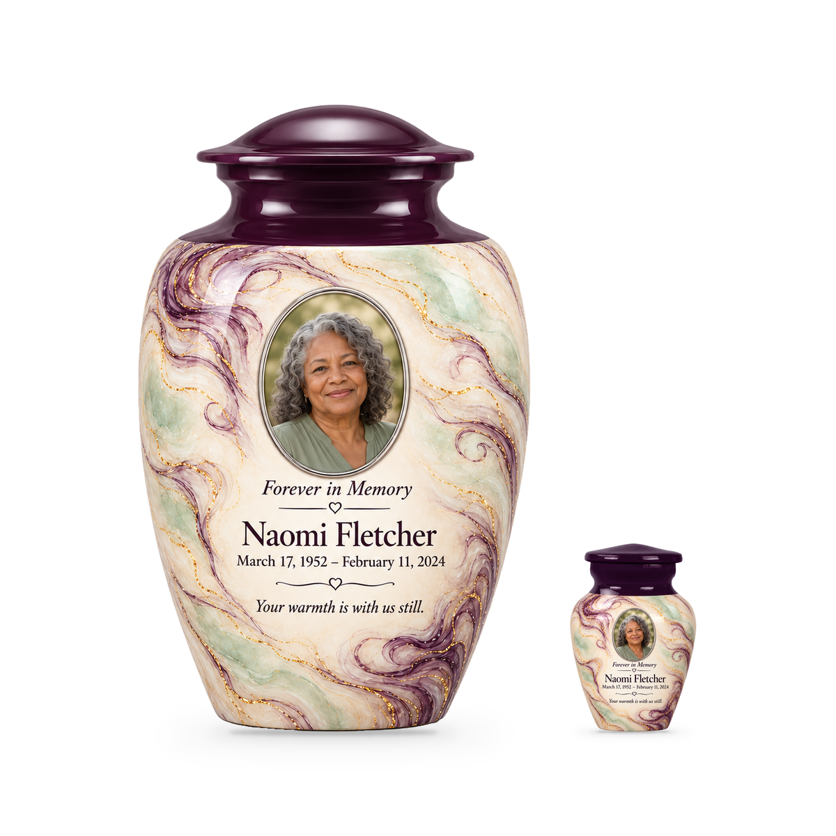 Aubergine Wisp adult urn with one keepsake with fictional sample photo and text.