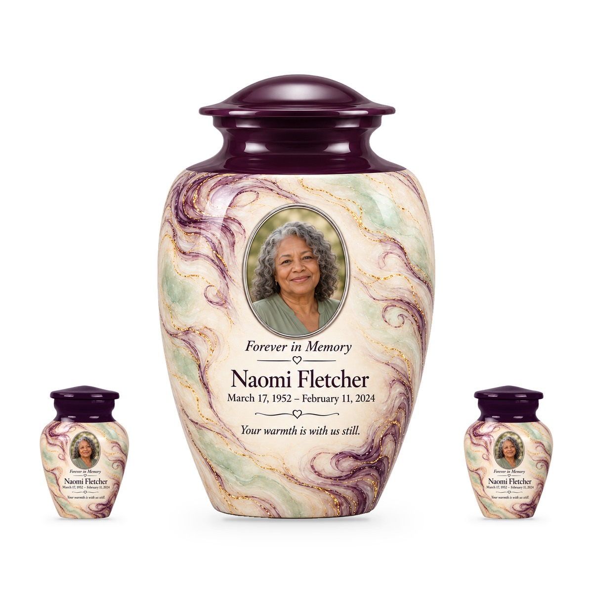 Aubergine Wisp adult urn with two keepsakes with fictional sample photo and text.