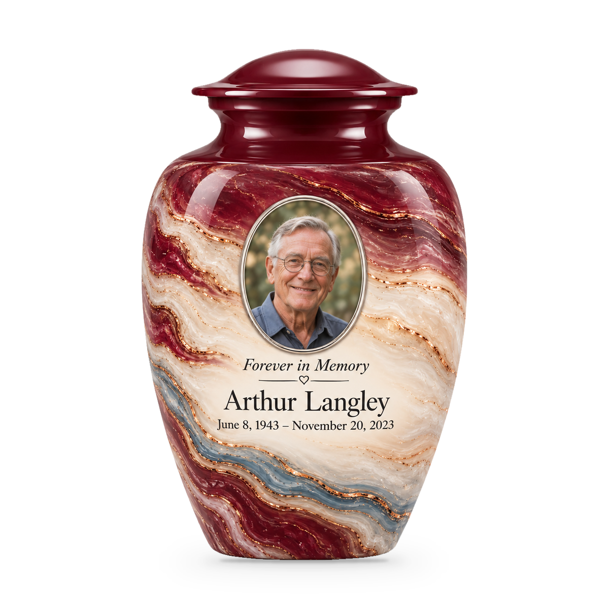 Burgundy Fold adult urn with wine and cream layers, a dusty-blue seam and sample portrait, name and dates.