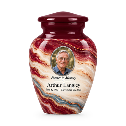 One Burgundy Fold wine and cream keepsake urn with a sample portrait, name and dates.