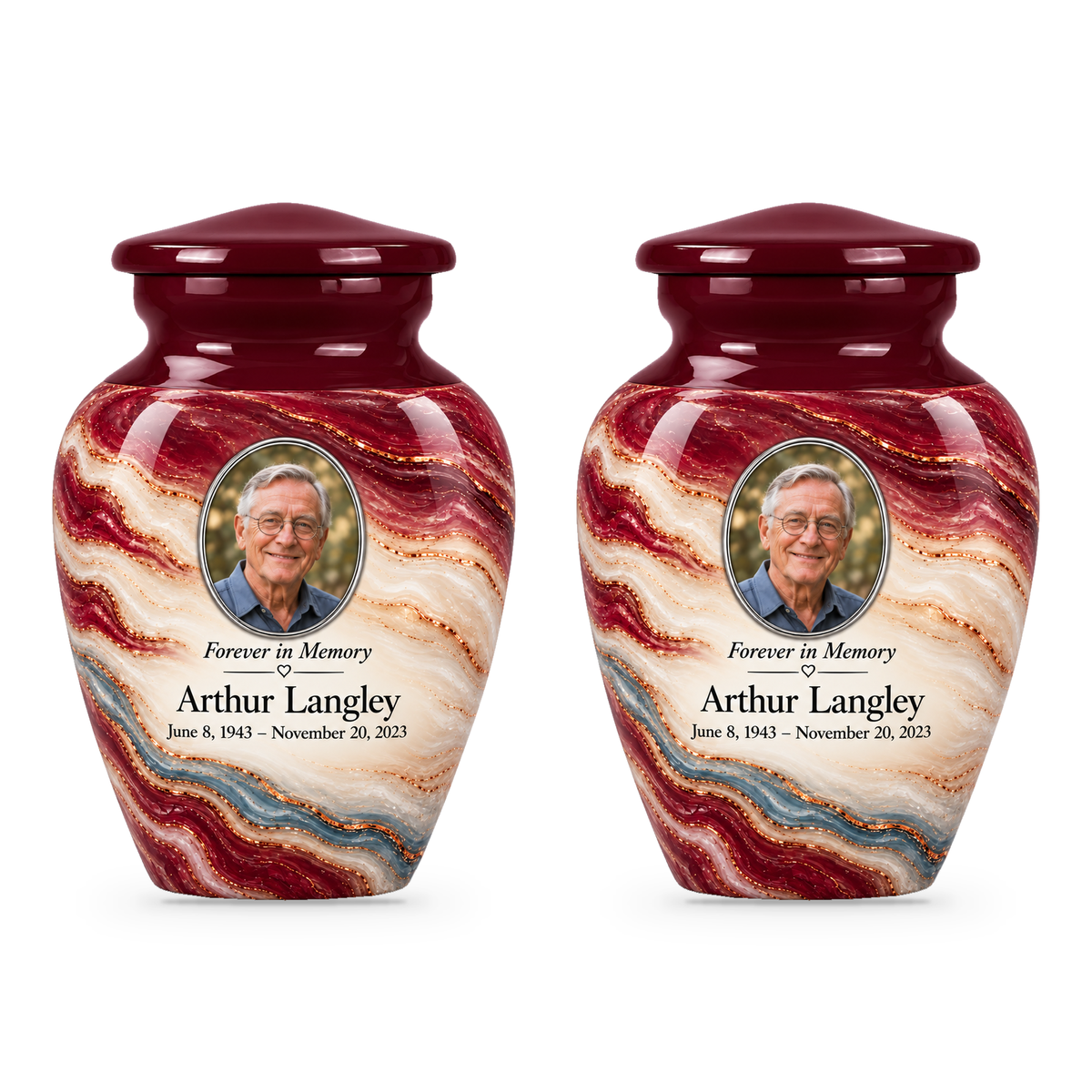Two matching Burgundy Fold keepsake urns with sample portrait, name and dates.
