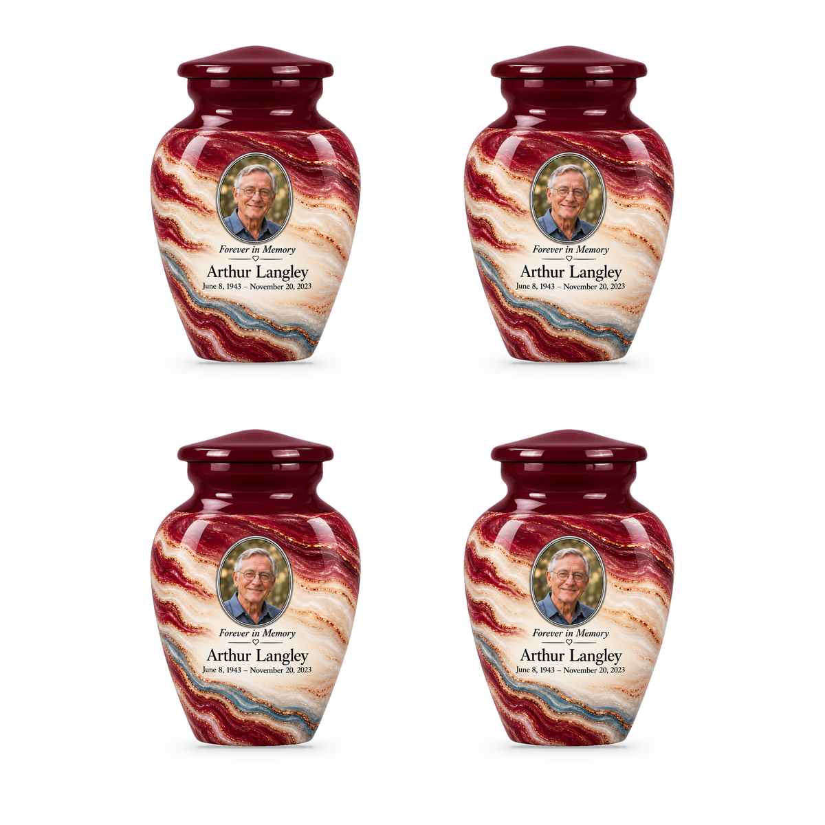 Four matching Burgundy Fold keepsake urns with sample portrait, name and dates.