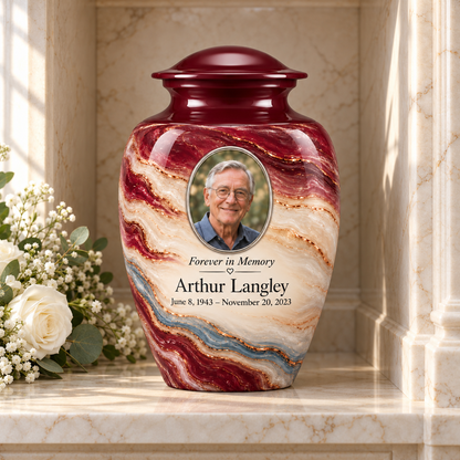 Burgundy Fold personalized adult urn in a stone columbarium niche.
