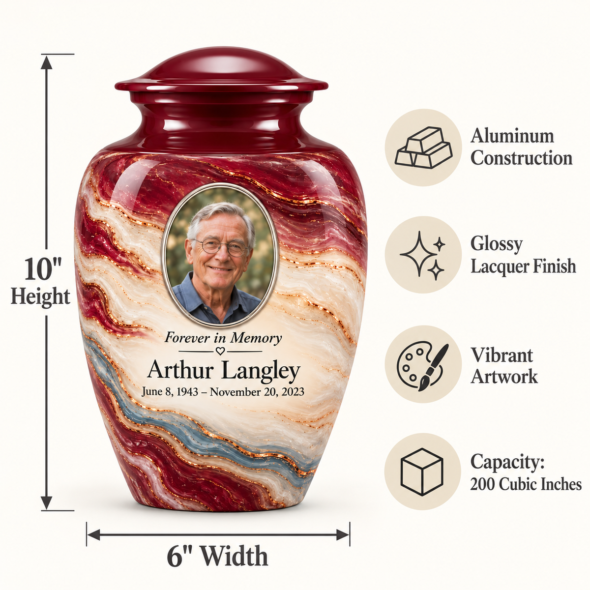 Burgundy Fold adult urn size guide: 10 inches high, 6 inches wide and 200 cubic inches.