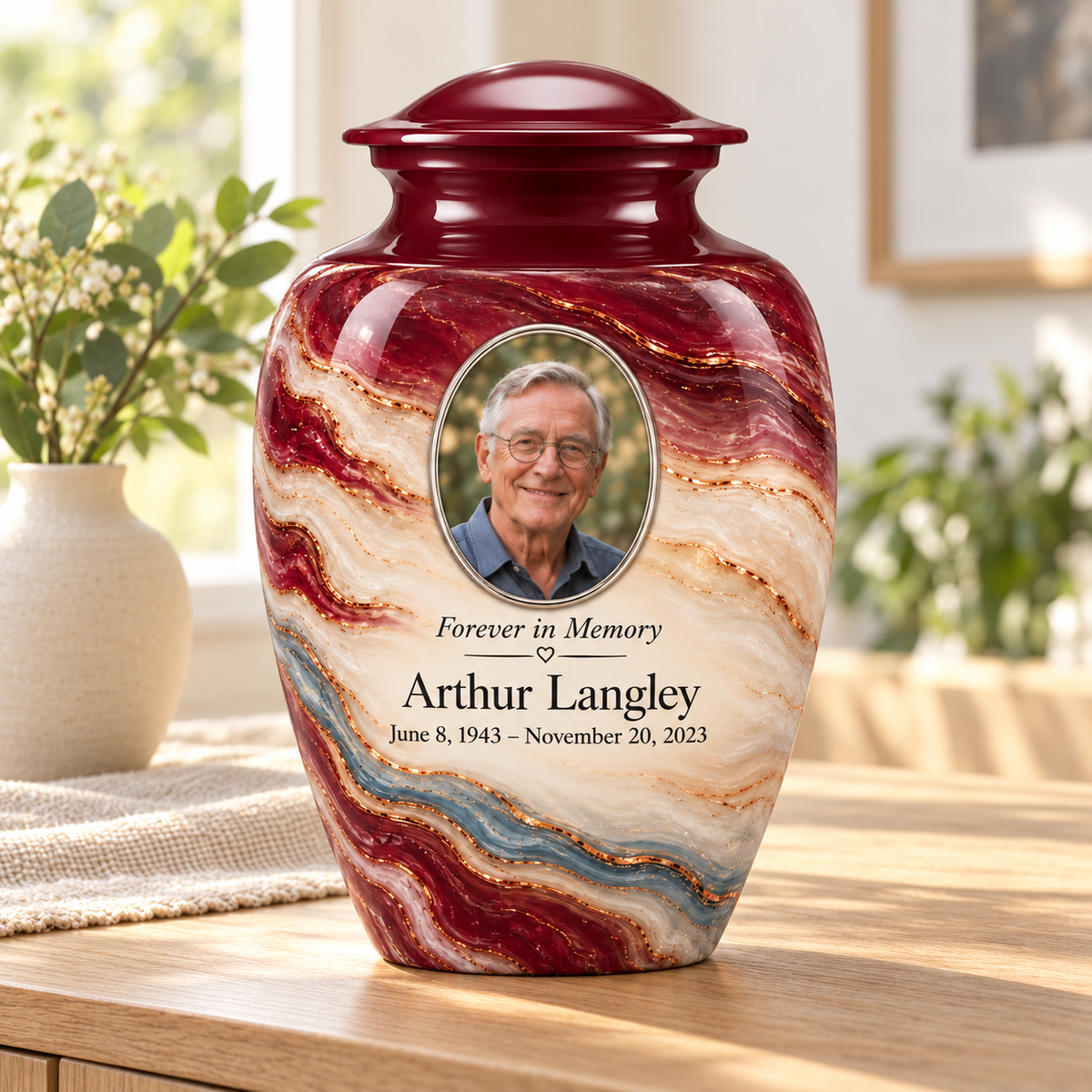 Burgundy Fold personalized adult urn on a wood sideboard in a sunlit home.