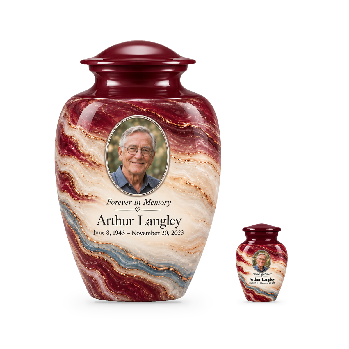 Burgundy Fold set with one adult urn and one smaller keepsake, with matching sample personalization.