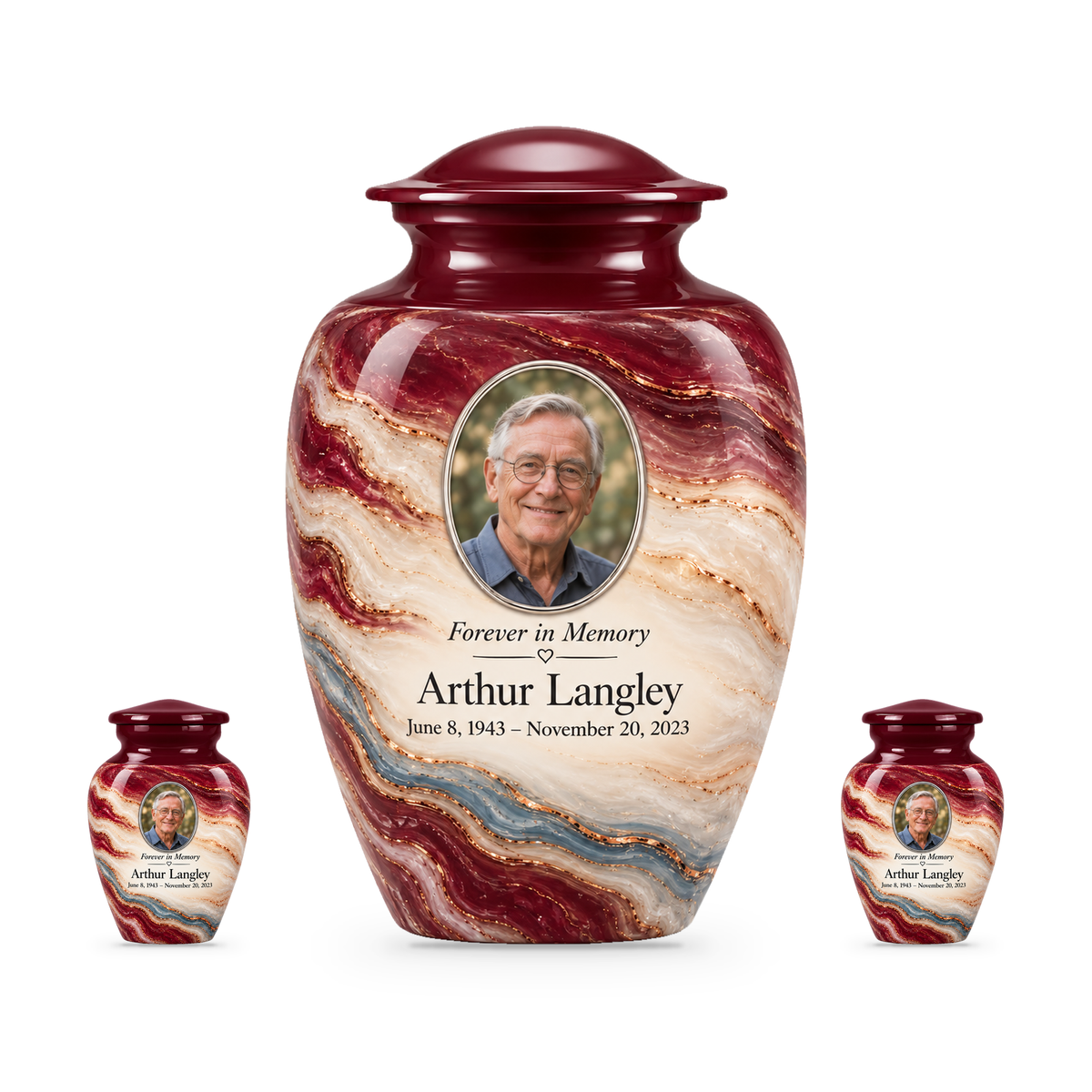 Burgundy Fold set with one adult urn and two smaller keepsakes, with matching sample personalization.