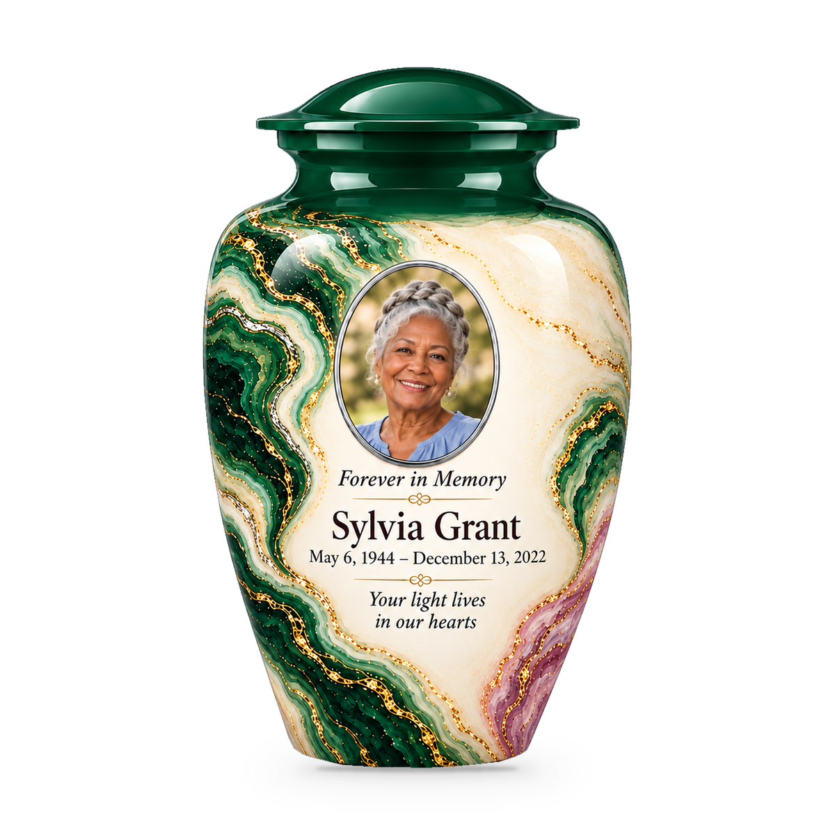 Malachite Window adult urn with fictional sample photo and text.