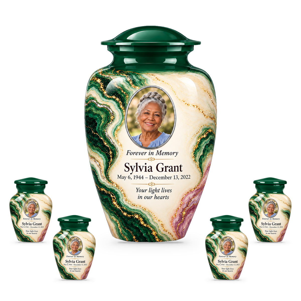 Malachite Window adult urn with four keepsakes with fictional sample photo and text.