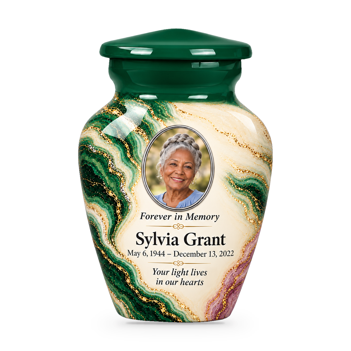 Malachite Window single keepsake urn with fictional sample photo and text.