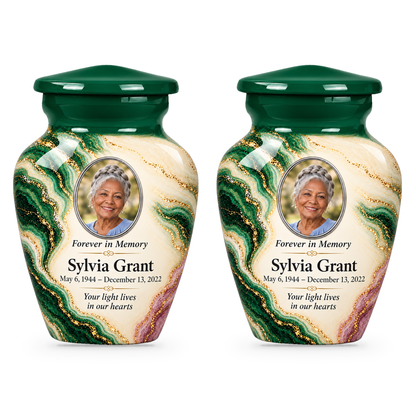 Malachite Window set of two keepsake urns with fictional sample photo and text.