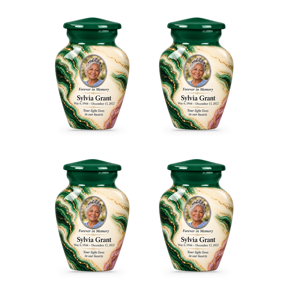 Malachite Window set of four keepsake urns with fictional sample photo and text.