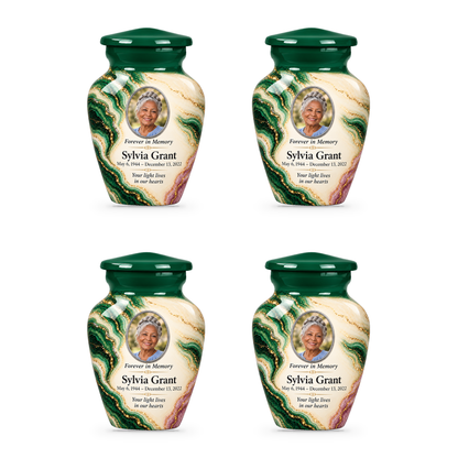 Malachite Window set of four keepsake urns with fictional sample photo and text.