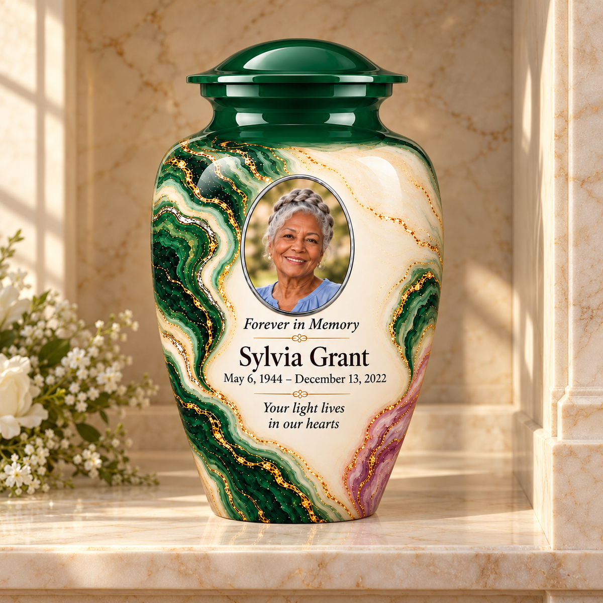 Malachite Window adult urn in a columbarium setting with fictional sample photo and text.