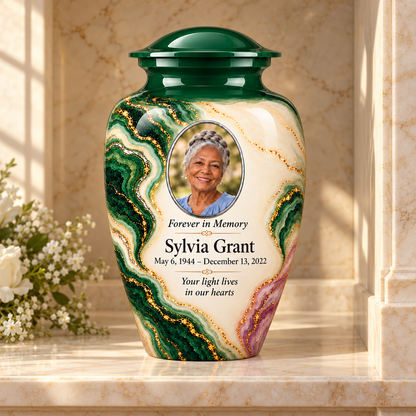 Malachite Window adult urn in a columbarium setting with fictional sample photo and text.
