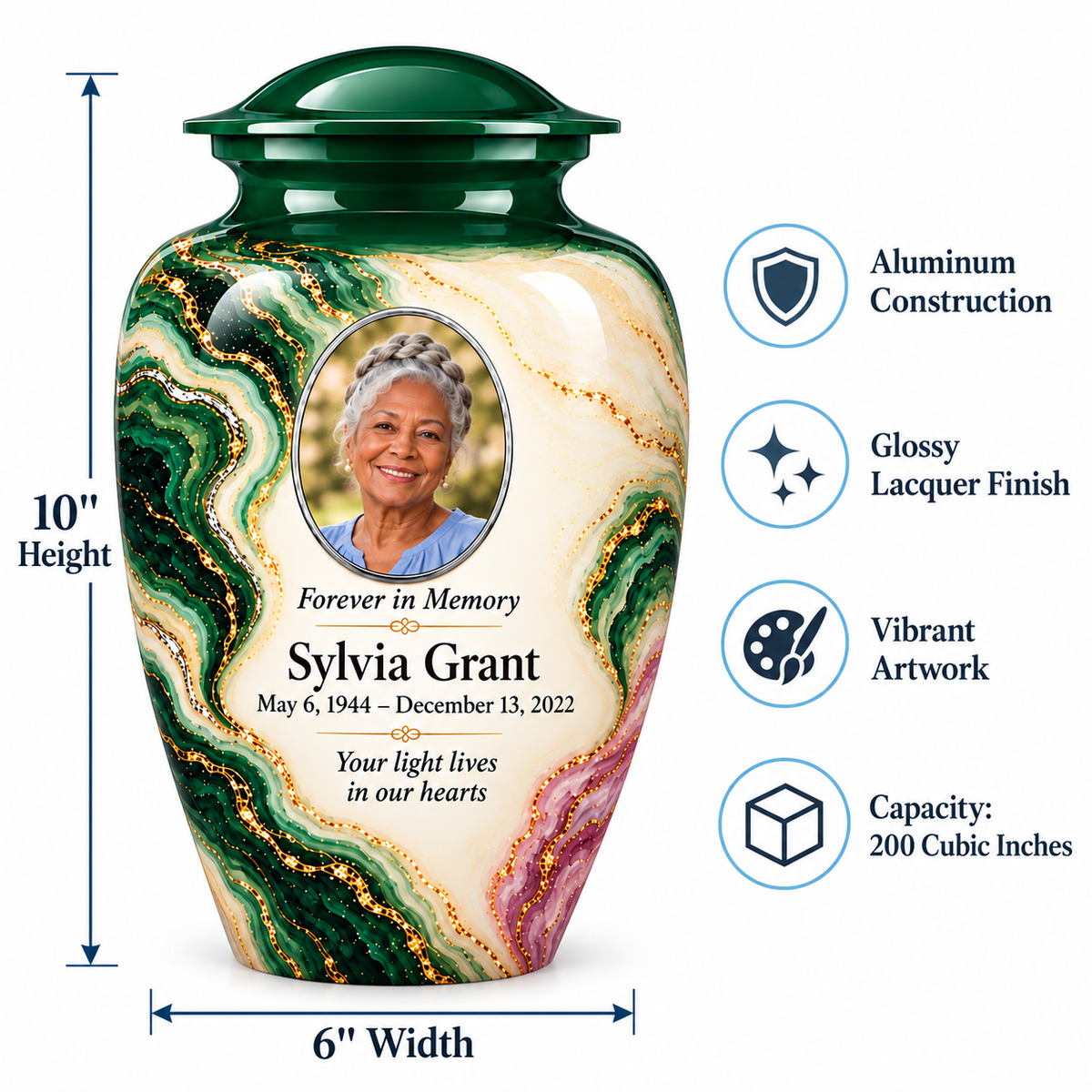 Malachite Window adult urn size guide: 10 inches high, 6 inches wide, 200 cubic inches with fictional sample photo and text.