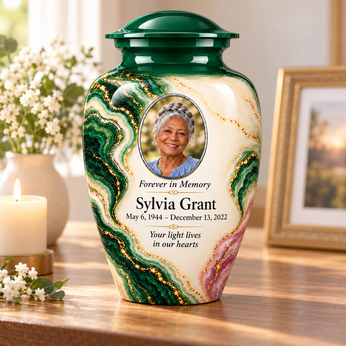 Malachite Window adult urn on a memorial console with fictional sample photo and text.