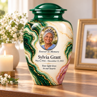 Malachite Window adult urn on a memorial console with fictional sample photo and text.