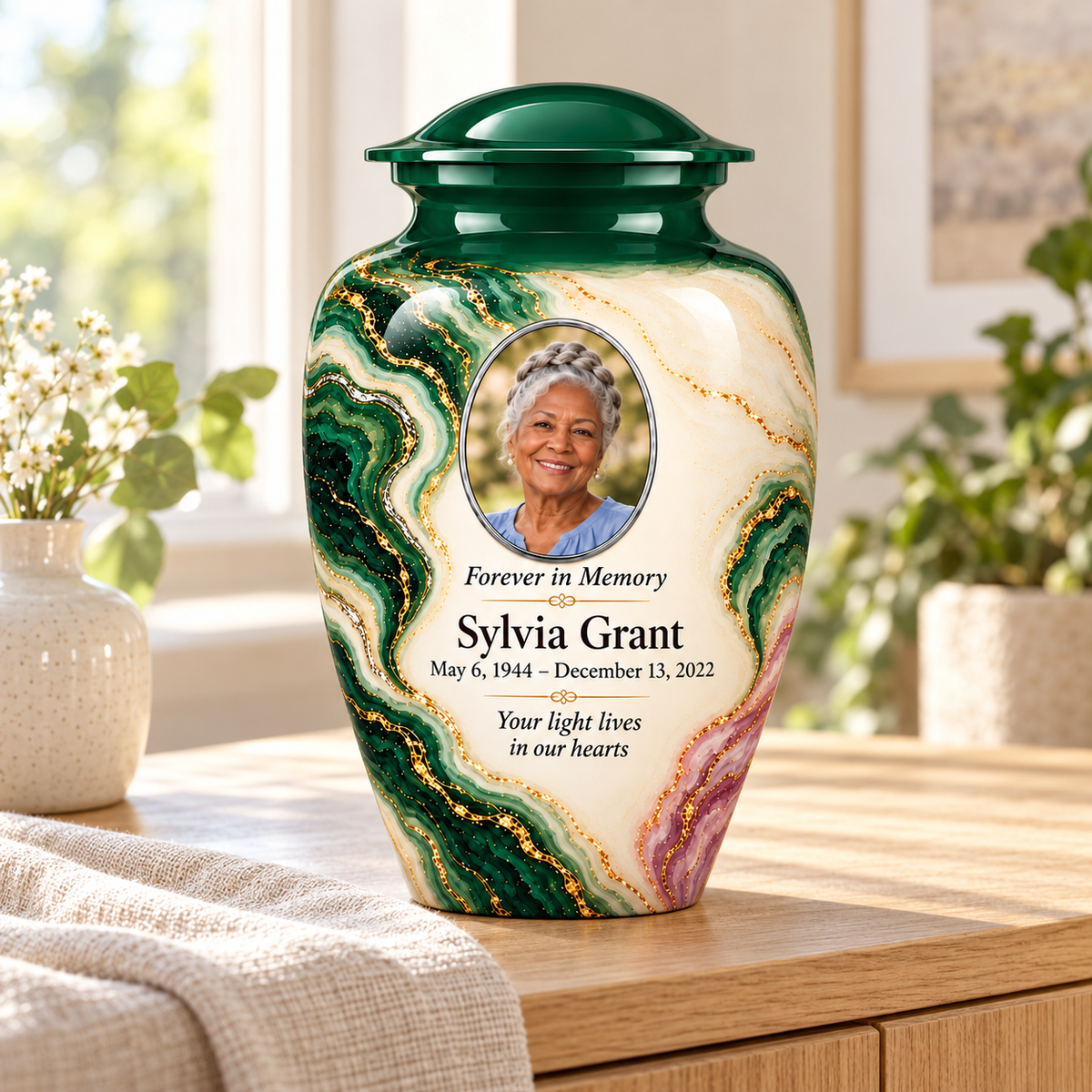 Malachite Window adult urn in a sunlit home with fictional sample photo and text.