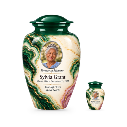 Malachite Window adult urn with one keepsake with fictional sample photo and text.