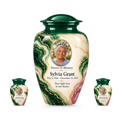 Malachite Window adult urn with two keepsakes with fictional sample photo and text.