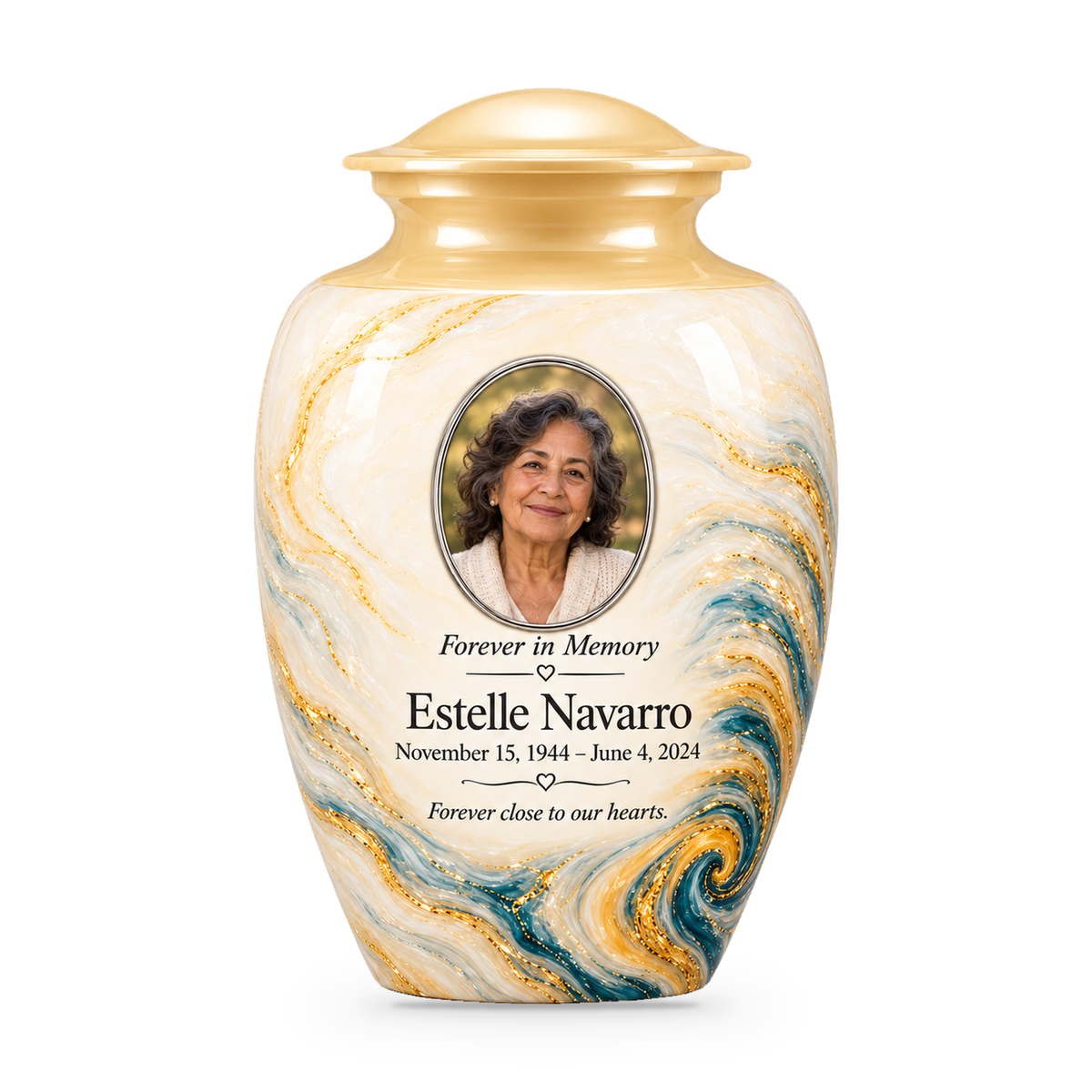 Saffron Eddy adult urn with pale marbling, a blue and saffron curl and sample portrait, name, dates and tribute.