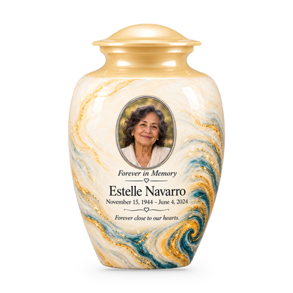 Saffron Eddy adult urn with pale marbling, a blue and saffron curl and sample portrait, name, dates and tribute.