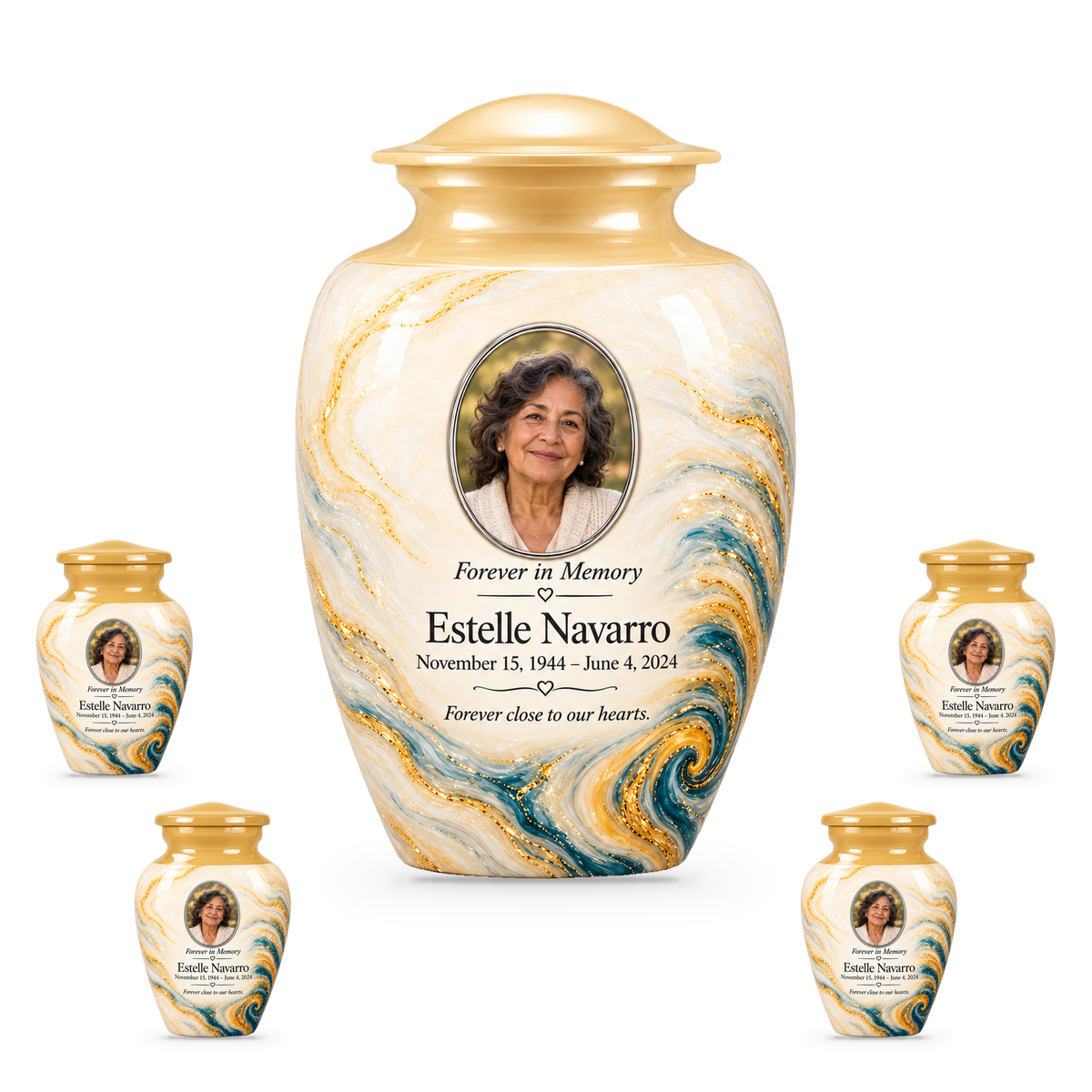 Saffron Eddy set with one adult urn and four smaller keepsakes, with matching sample personalization.