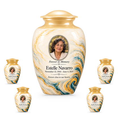 Saffron Eddy set with one adult urn and four smaller keepsakes, with matching sample personalization.