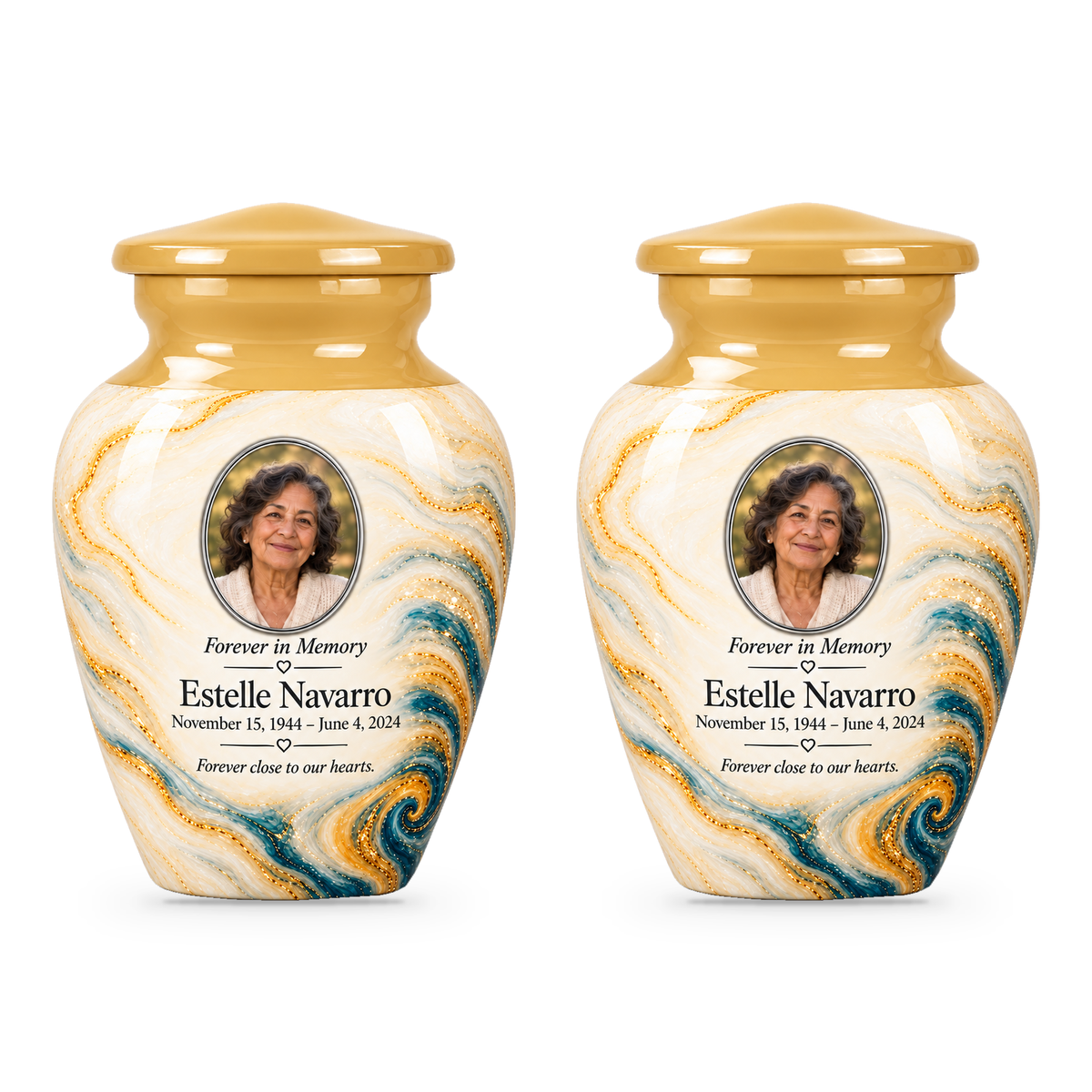 Two matching Saffron Eddy keepsake urns with sample portrait and memorial text.