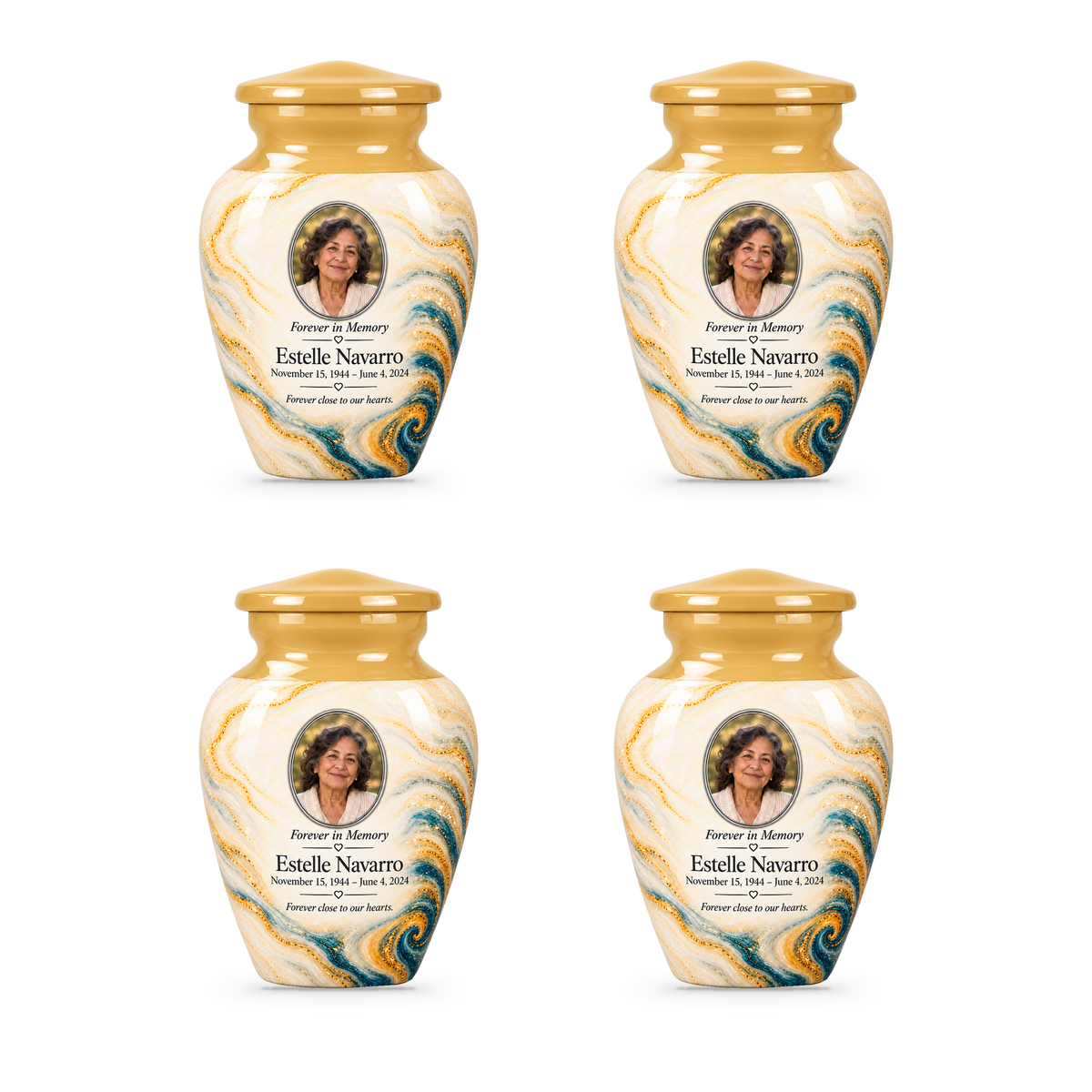 Four matching Saffron Eddy keepsake urns with sample portrait and memorial text.