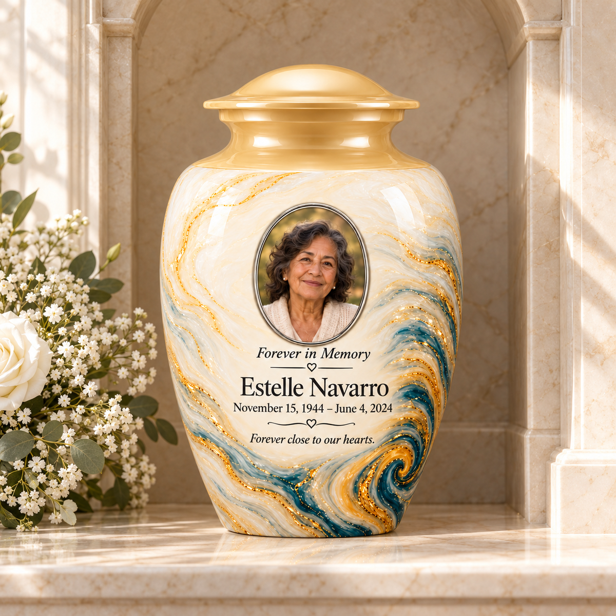 Saffron Eddy personalized adult urn in a stone columbarium niche.