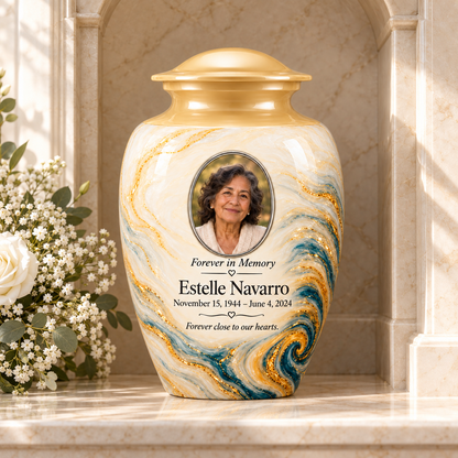 Saffron Eddy personalized adult urn in a stone columbarium niche.