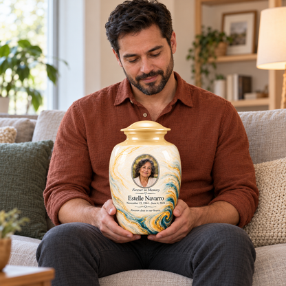 An adult man holds the Saffron Eddy photo urn on his lap, showing its scale.
