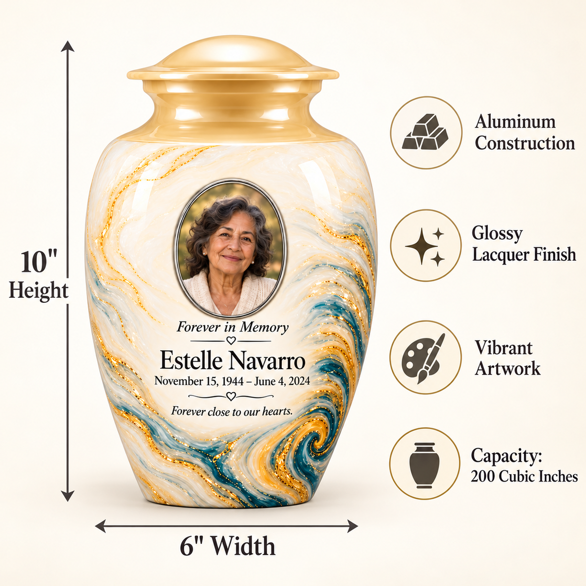 Saffron Eddy adult urn size guide: 10 inches high, 6 inches wide and 200 cubic inches.