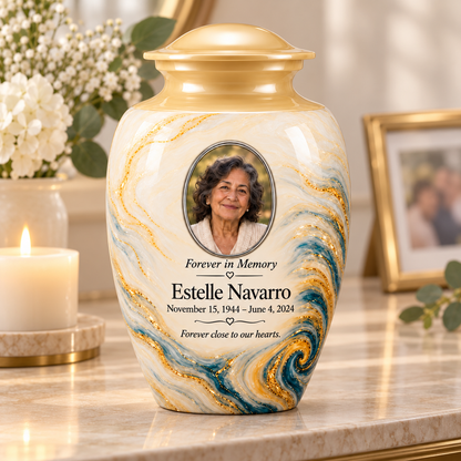 Saffron Eddy adult urn on a memorial console beside a candle and flowers.