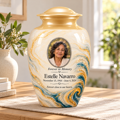 Saffron Eddy personalized adult urn on a wood sideboard in a sunlit home.