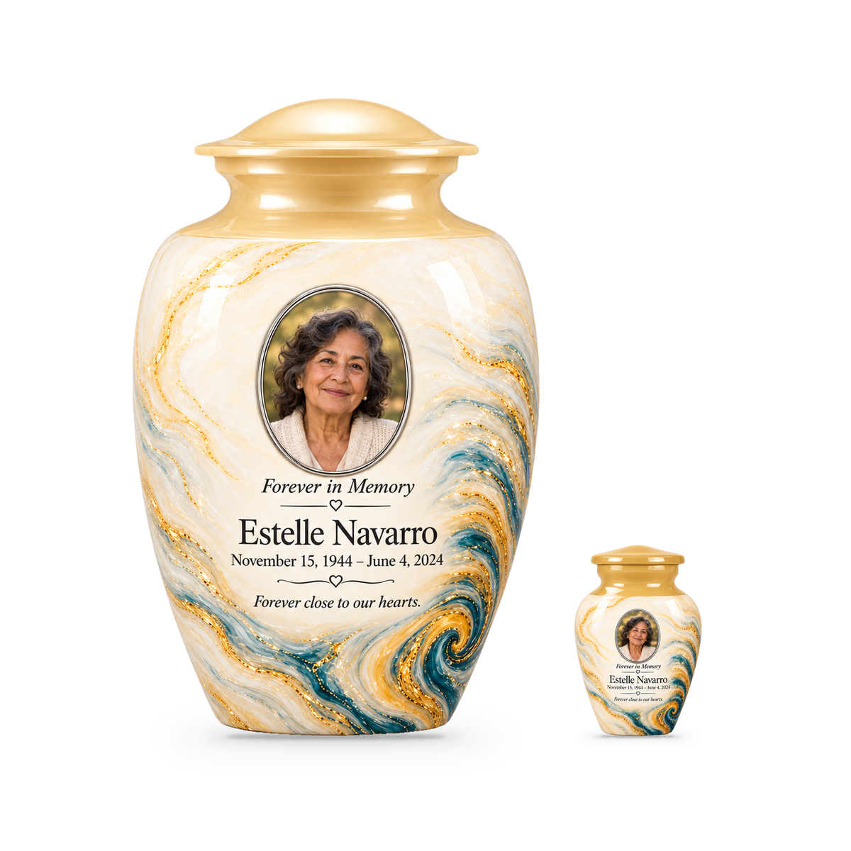 Saffron Eddy set with one adult urn and one smaller keepsake, with matching sample personalization.