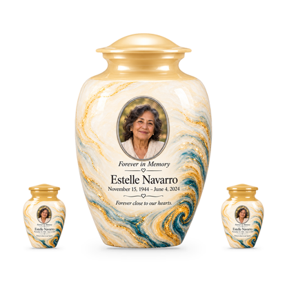 Saffron Eddy set with one adult urn and two smaller keepsakes, with matching sample personalization.