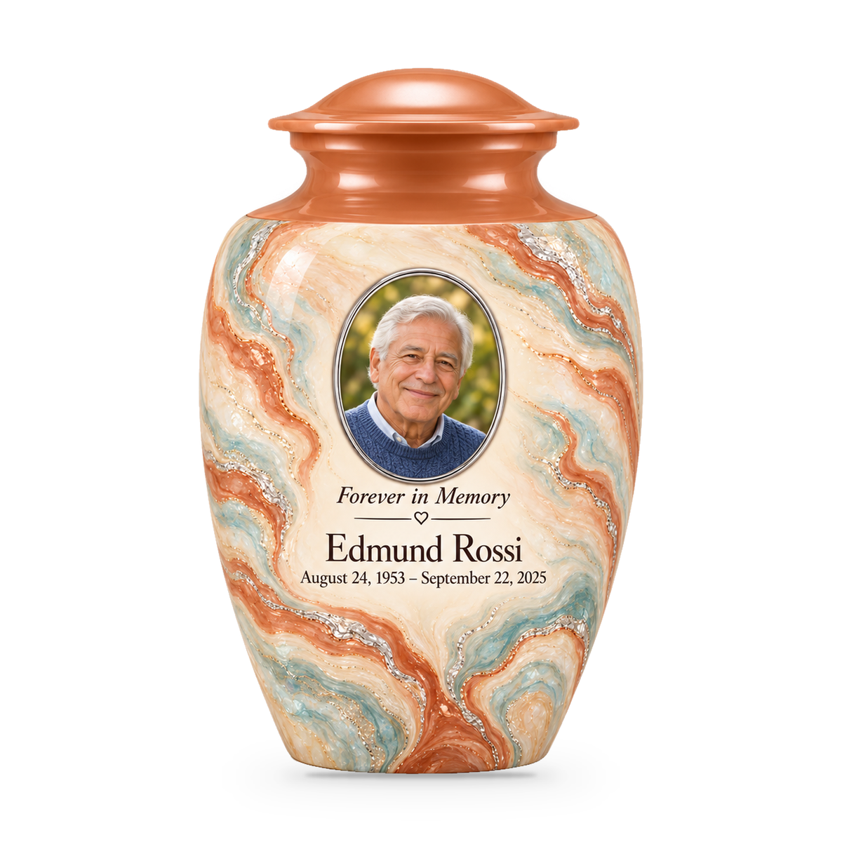 Terracotta Delta adult urn with fictional sample photo and text.
