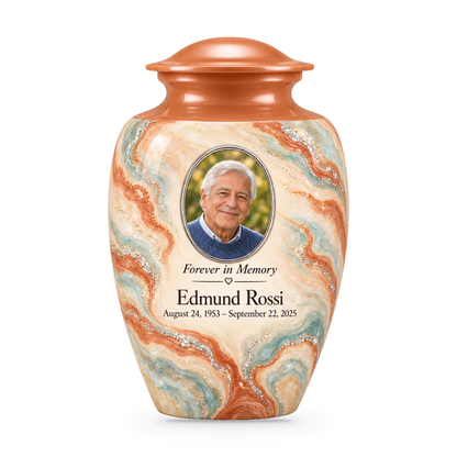 Terracotta Delta adult urn with fictional sample photo and text.
