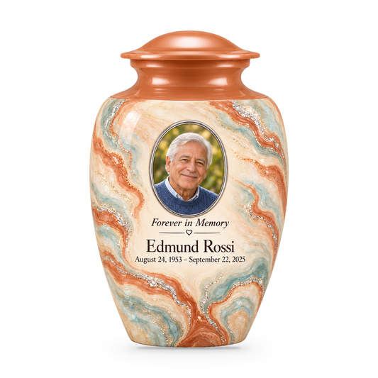 Terracotta Delta adult urn with fictional sample photo and text.